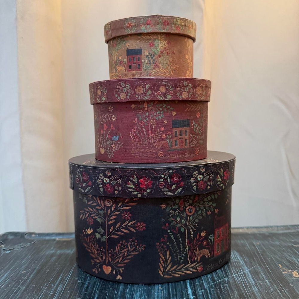Bob's Boxes Primitives 3 oval nesting "Bless This House II" boxes cottagecore